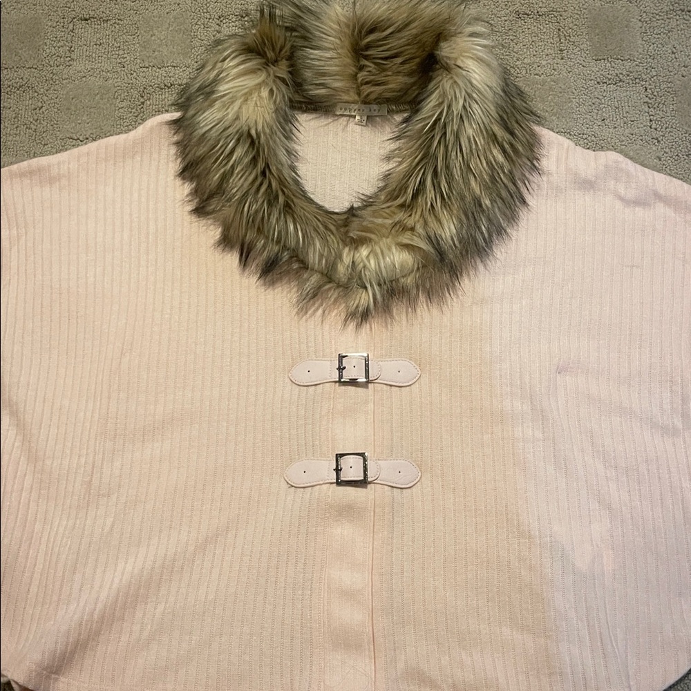 Copper Key Blush Pink Sweater poncho with Faux Fur Trim